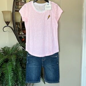 Brand New Levi’s Bermuda Stretch Jean Shorts Arizona Jean Co. Striped Pink Shirt